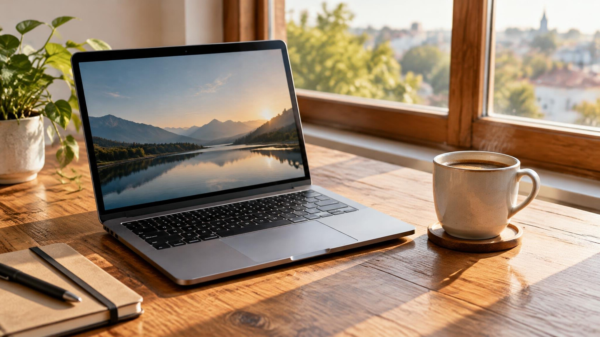 Laptop and coffee on a wooden table