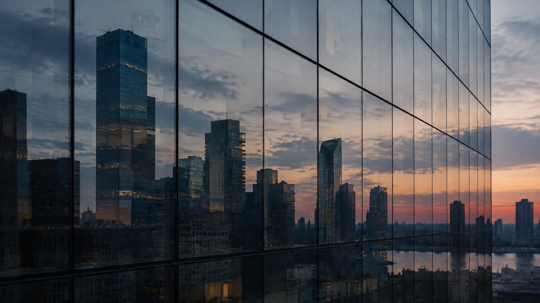 City buildings reflected in glass at dusk