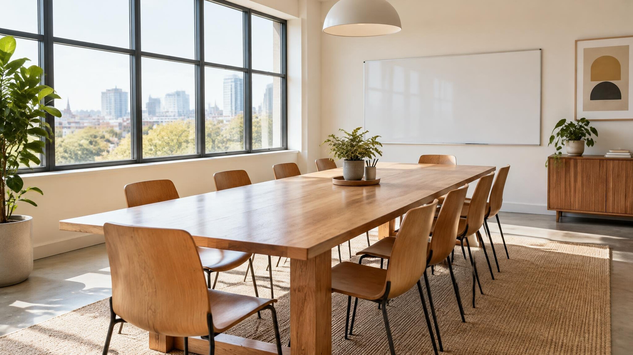 Bright empty shared workspace with a long wooden table