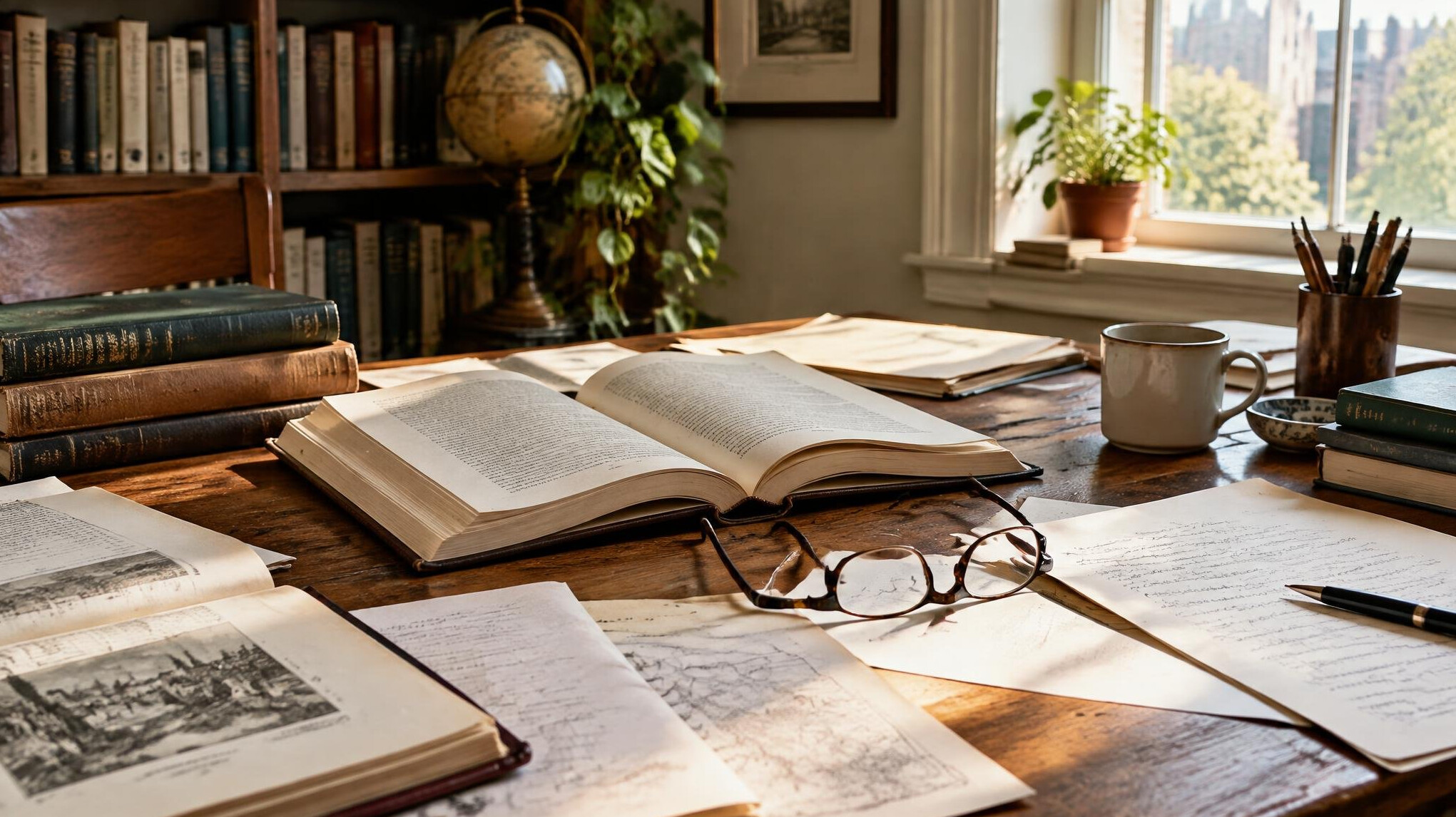 Desk covered with open books and research materials