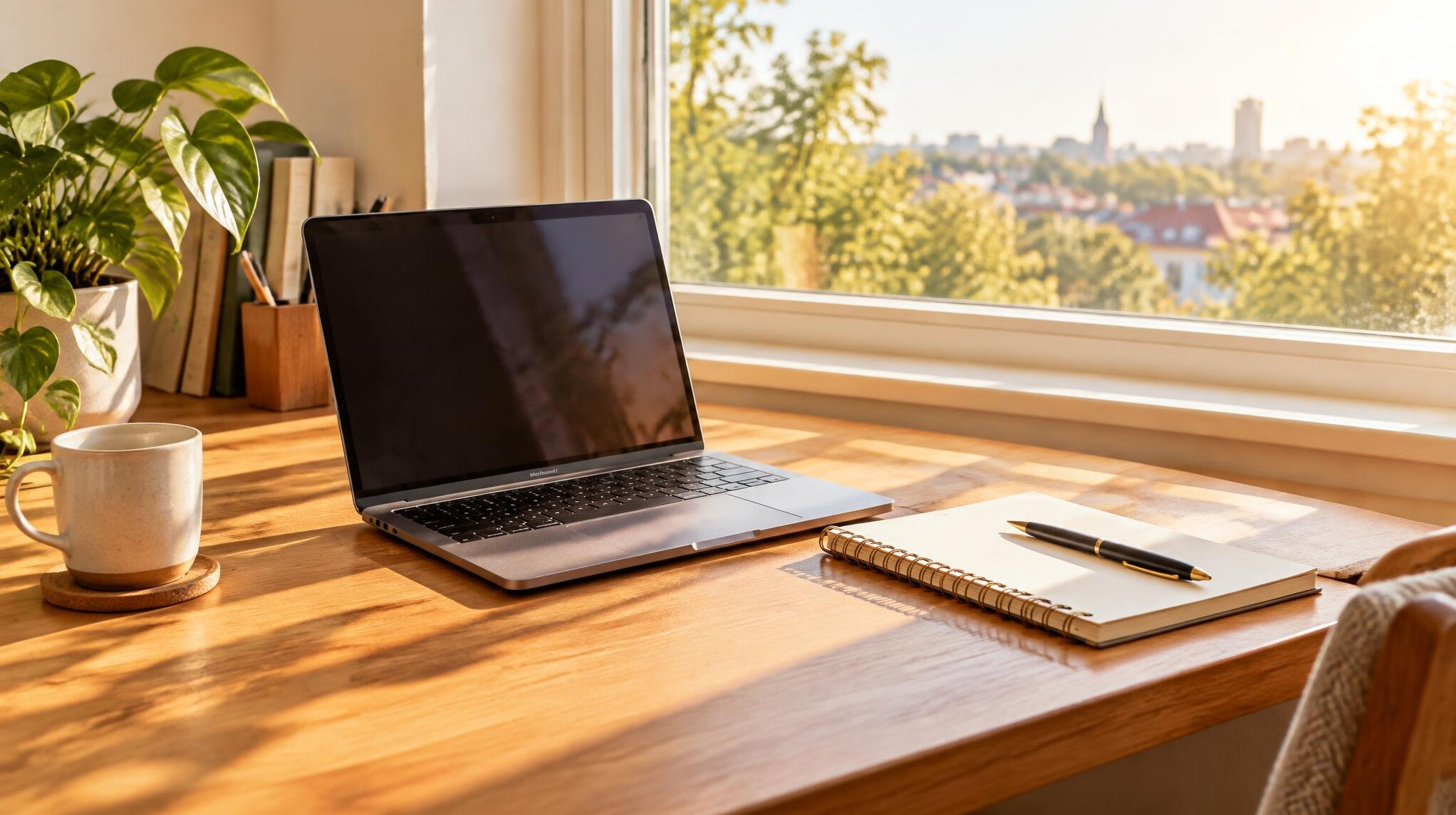 Writing desk with laptop and notebook by a window