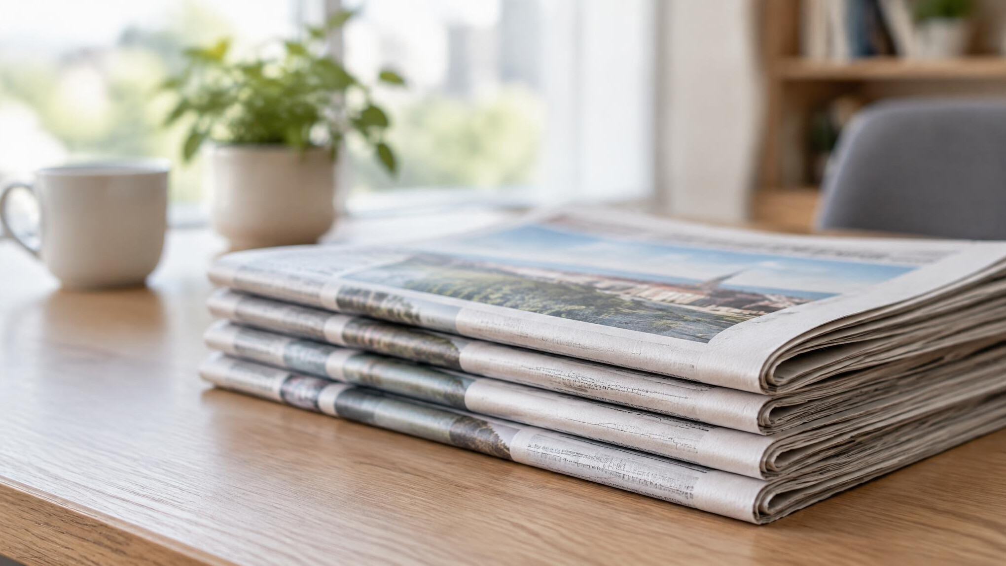 Stack of folded newspapers on a table