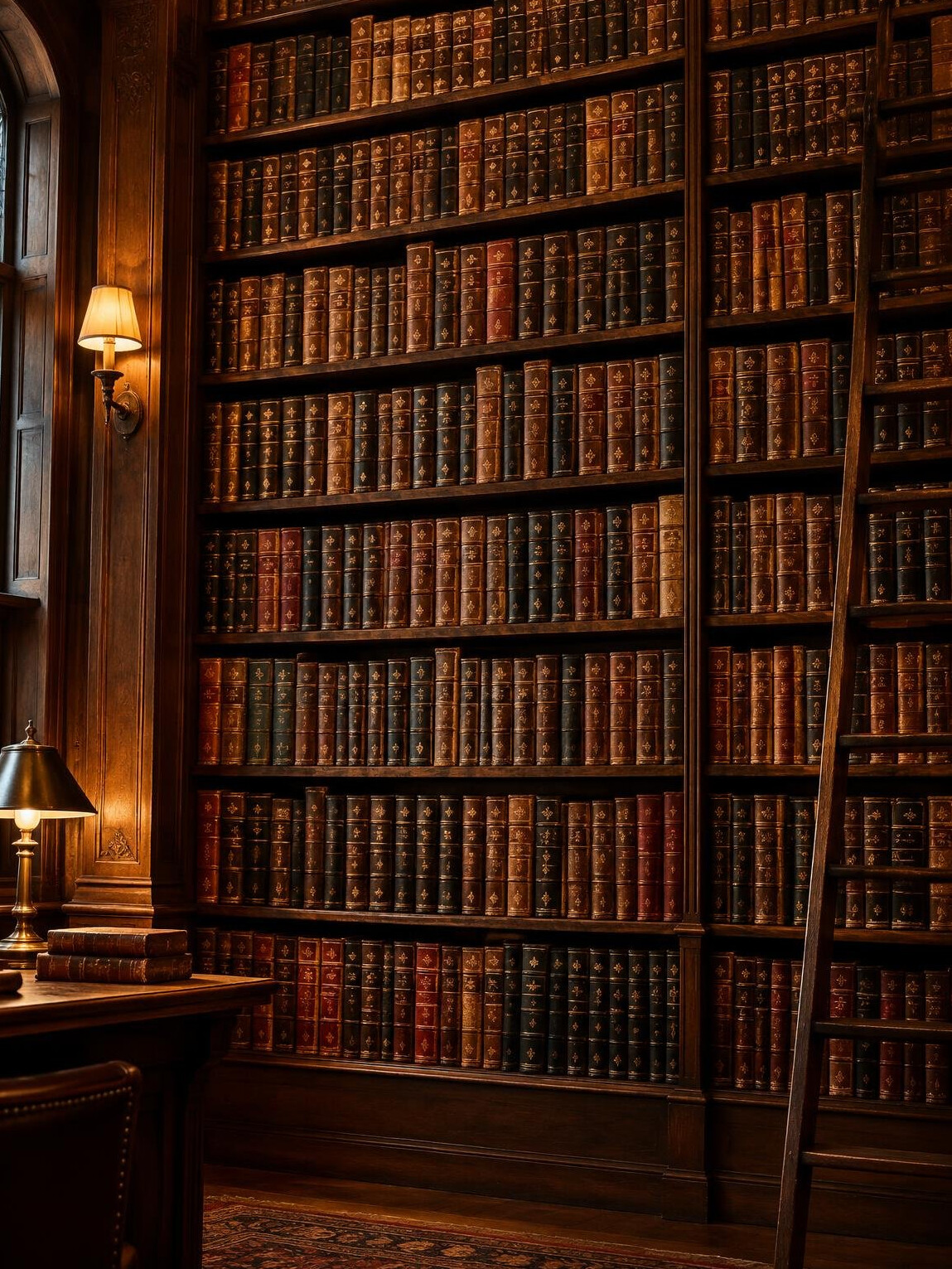 Old library with tall shelves of antique books