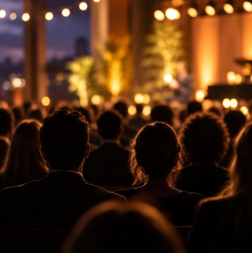 Audience silhouettes at an evening event