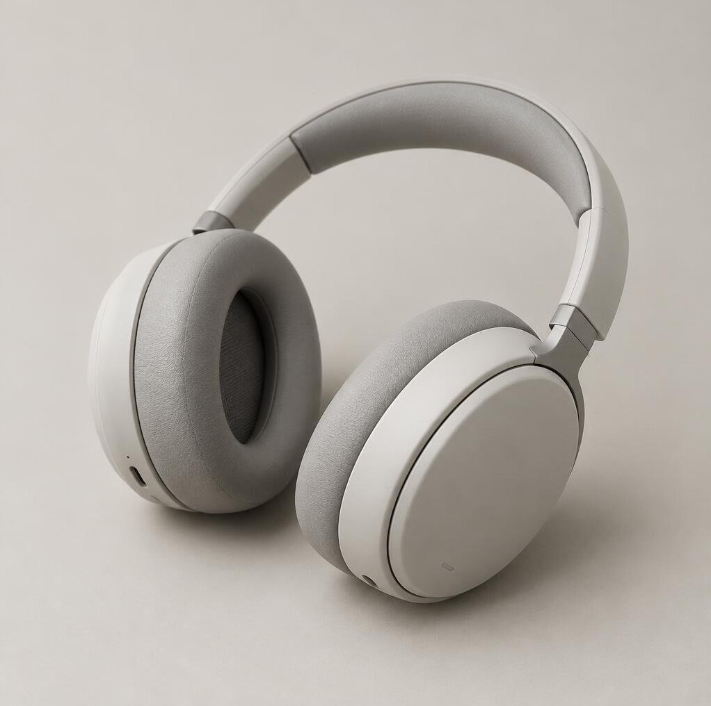 Over-ear headphones on a plain surface