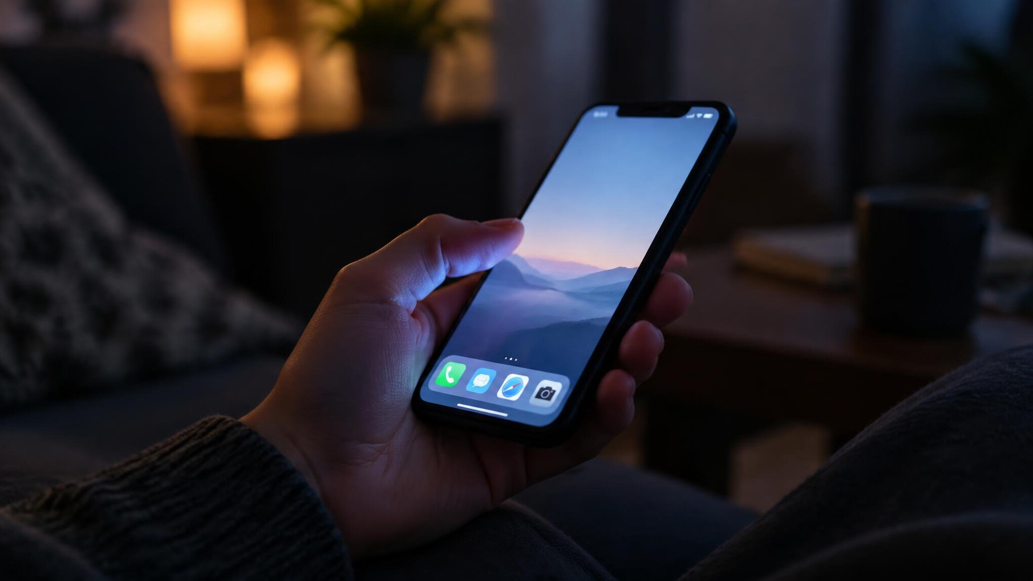 Hand holding a smartphone with a glowing screen
