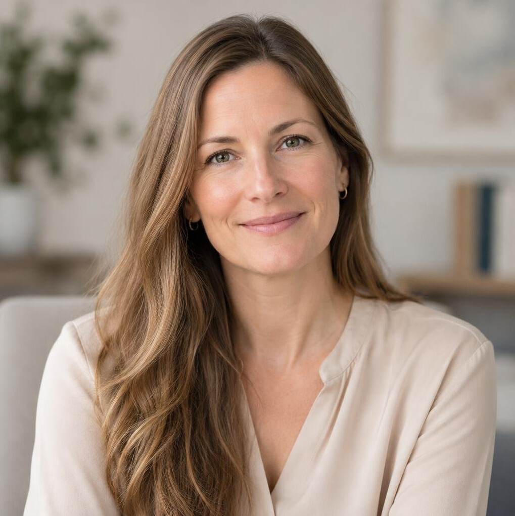 Portrait of a woman with long light brown hair outdoors